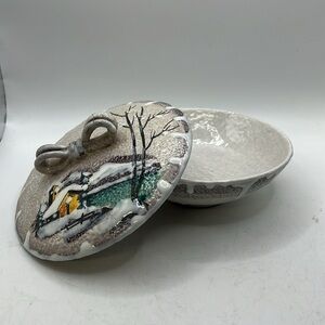 Made In Italy Ceramic Bowl With Lid Snowy Winter Cabin Hand Painted Decor Art